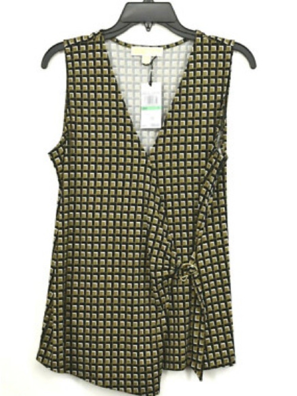 Michael Kors Olive and Black Sleeveless Faux Wrap Blouse